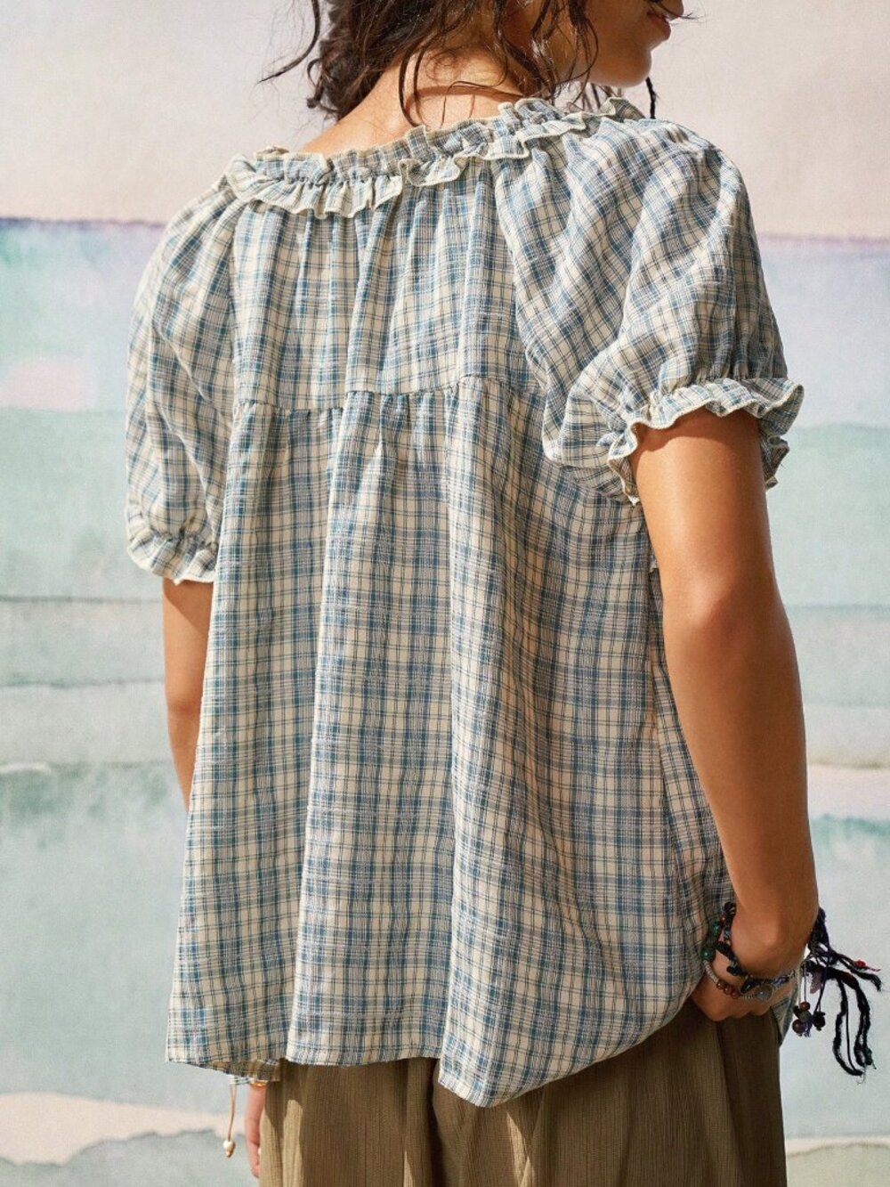 Blue And White Cute Women's Plaid Ruffled Lace Splice Short Sleeve Shirt - Picture 2 of 7